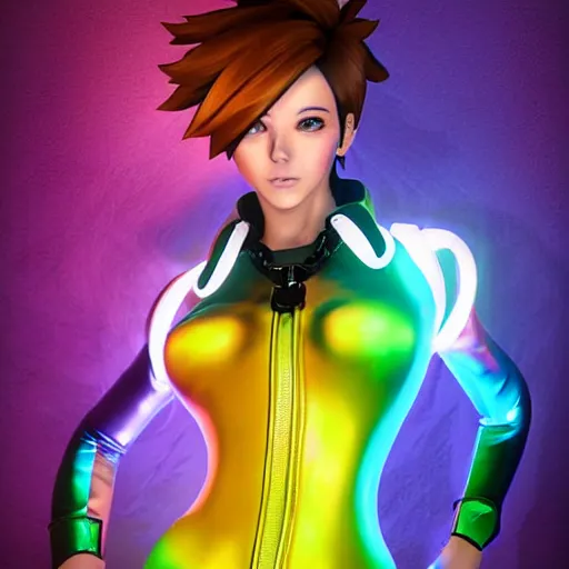 Image similar to portrait bust digital artwork of tracer overwatch, wearing iridescent rainbow latex and leather straps catsuit outfit, neon makeup, in style of mark arian, angel wings, wearing detailed leather collar, chains, black leather harness, detailed face and eyes,