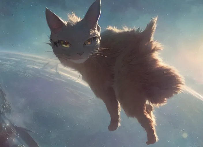 Image similar to a space cat staring role in a musical sci - fi space opera ghibli animated film, volumetric lighting, octane render by stanley artgerm lau, greg rutkowski, thomas kindkade, alphonse mucha, loish, norman rockwel,