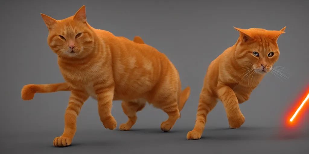 Image similar to Fat orange tabby cat fighting a pack of dogs with a light saber, digital art, octane render, trending on DeviantArt, 8k