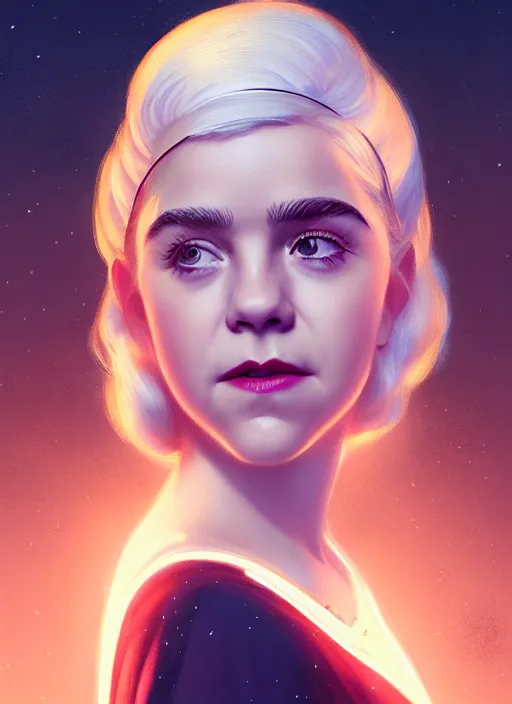 Image similar to portrait of kiernan shipka as sabrina spellman, white hair, 6 0 s hairstyle, hairband, intricate, elegant, glowing lights, highly detailed, digital painting, artstation, concept art, smooth, sharp focus, illustration, art by wlop, mars ravelo and greg rutkowski