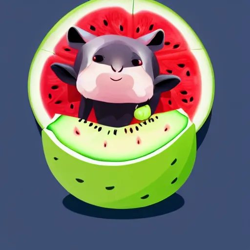 Prompt: cute kawaii realistic fruit bat eats a watermelon piece, digital art, vector illustration, shutterstock, high quality, illustration, art, detailed, 3 d render, sticker,