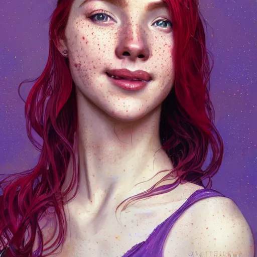 Image similar to close up portrait of a beautiful smiling girl with red hair and freckles, happy intricate, elegant. highly detailed, digital painting, artstation, concept art, smooth, sharp, focus, illustration. background is purple, art by artgerm and greg rutkowski and alphonse mucha,