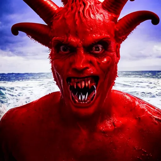 Image similar to a devilish red monster with horns emerging from boiling rough seas, close - up portrait photo by david lachapelle, masterpiece, trending on flickr s - 3 0