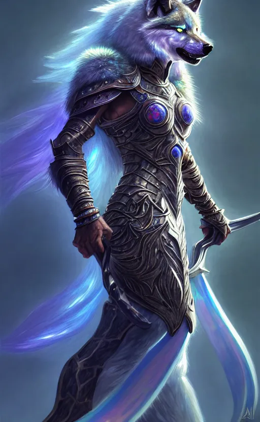 Image similar to iridescent opal ninja warrior, wolf armor, winter, morandi color scheme, hd, illustration, epic, d & d, fantasy, intricate, elegant, highly detailed, wide angle, digital painting, artstation, concept art, smooth, sharp focus, illustration, wallpaper, art by artgerm and greg rutkowski and alphonse mucha and jin xiaodi