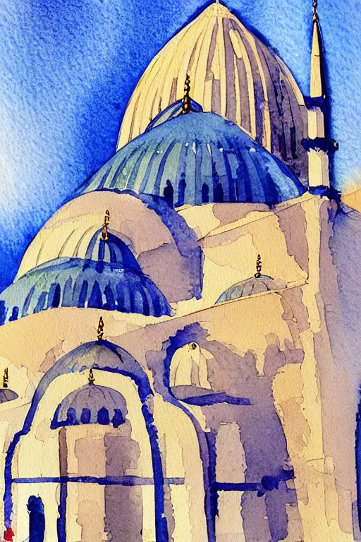 Image similar to a watercolor painting of a mosque in istanbul by fikret mualla saygı, behance, modern european ink painting, photoillustration, storybook illustration, watercolor