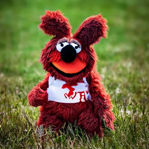 Image similar to a fluffy muppet in the shape of elmo woth brown fur and with rabbit ears wearing a karate uniform out in nature, photography, photorealistic, muppet, national geohraphic