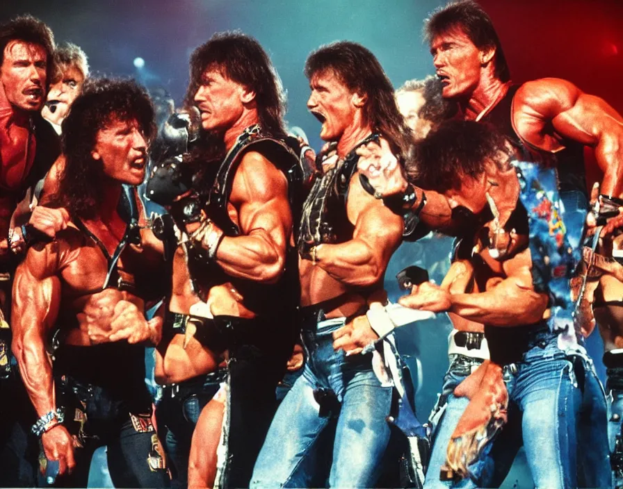 Prompt: colour photo off arnold schwarzenegger, sylvester stallone, dolph lundgren, Chuck Norris and Jean-Claude Van Damme in a heavy metal band, playing guitars, drums, on stage at monsters of rock 1985, pyrotechnics, vivid colors, daylight, photo real, Eastman EXR 50D 5245/7245, close-up action first-person perspective