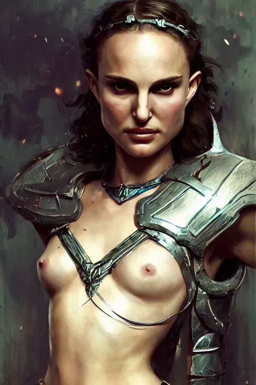 Image similar to natalie portman, warrior, partially clothed in metal battle armor, lord of the rings, tattoos, decorative ornaments, by carl spitzweg, ismail inceoglu, vdragan bibin, hans thoma, greg rutkowski, alexandros pyromallis, perfect face, fine details, realistic shading