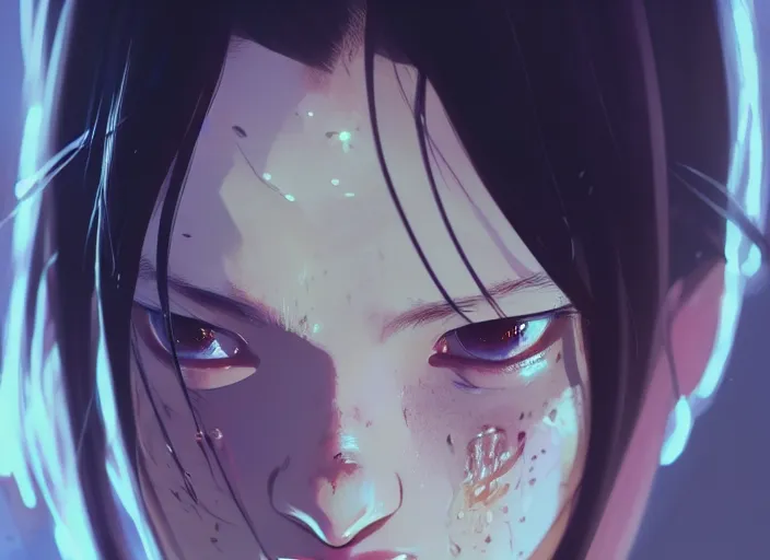 Prompt: a film still portrait of a beautiful crying woman, finely detailed features, closeup of face, cinematic lighting, perfect art, night cyberpunk city, intricate, anime, gapmoe grimdark, artstation, trending on pixiv fanbox, painted by greg rutkowski makoto shinkai takashi takeuchi studio ghibli, akihiko yoshida, 4 k