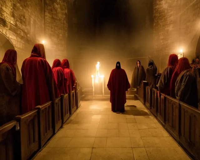 Image similar to a cultist ceremony, cultists with robes and masks, church interior, satanic church interior, the fog. horror lighting, found footage