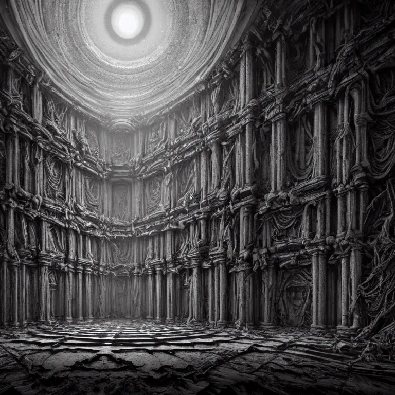 Image similar to ribbed surreal abandoned symmetrical alien baroque temple on exoplanet, in a desolate empty wasteland, creepy, nightmare, dream-like heavy atmosphere, surreal abandoned buildings, beautiful detailed intricate insanely detailed octane render trending on Artstation, 8K artistic photography, photorealistic, chiaroscuro, Raphael, Caravaggio, Beksinski, Giger