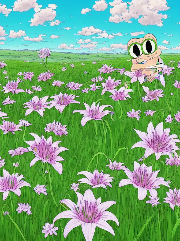 Prompt: resolution 4k wonder of biblically accurate pepe pepe frog love and family field of white Lilly's sky filled field with the eyes of god himself worlds of love and god made in abyss design Tony DiTerlizzi dream like storybooks rhymes pepe the frog happy alone in a field sitting wholesome soft and warm the value of love a clear prismatic pink sky, white Britch , unnerving , disheartening , otherworldly transfiguration through love, warm ,Luminism, prismatic , fractals , pepe the frog , art in the style of Tony DiTerlizzi , Francisco de Goya and Akihito Tsukushi and Gustave dore and Arnold Lobel