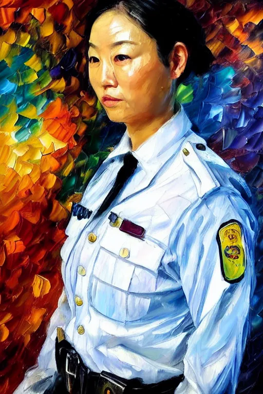 Image similar to palette knife oil painting portrait of a female asian police psychiatrist, extreme detail, style by leonid afremov and degas, artstation trending, artgerm, deviant art, octane, substance, art history 8 k