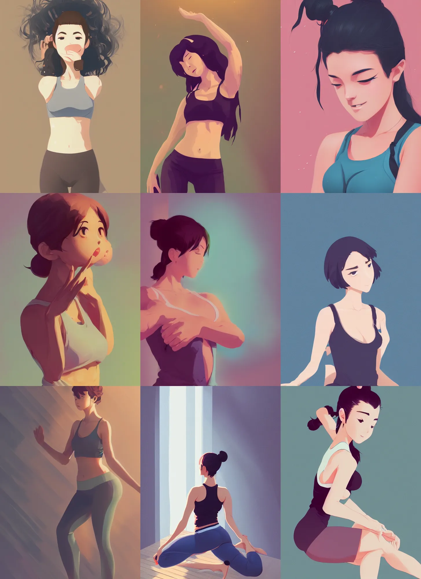 Prompt: very detailed photo of cute yoga instructor, manga, beautiful, pretty face, curvaceous, 4 k, cinematic lighting, highly detailed, sharp focus, artstation, masterpiece, art by atey ghailan