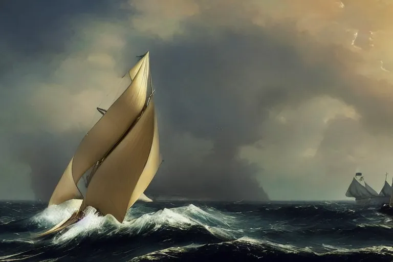 Image similar to a beautiful yacht with full sail’s, sunny day with puffy clouds and heavy waves, low camera angle, in style of Aivazovsky, epic lighting, ultra realistic, 4k, hyper details, cinematic, sharp edges,