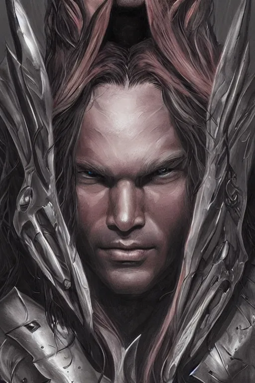 Image similar to face and torso portrait of pretty muscular sam winchester as a dark mage warrior tattooed, d & d!, fantasy style, sharp focus!, ultra detailed, art by artgerm and peter andrew jones, wlop