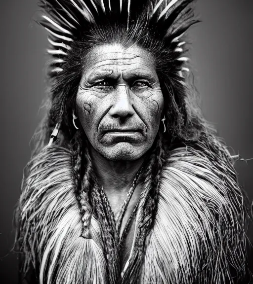 Prompt: Award winning Editorial photo of a Native Iroquois with incredible hair wearing traditional garb by Edward Sherriff Curtis and Lee Jeffries, 85mm ND 5, perfect lighting, gelatin silver process