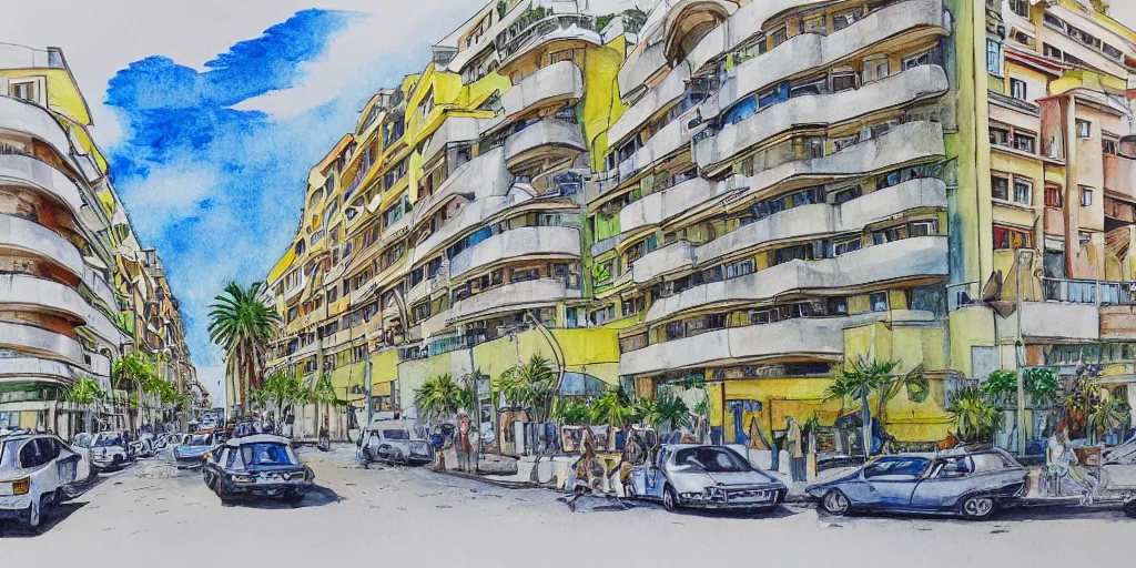 Prompt: painting of rounded bauhaus style balconies in a junction in dizingof center in tel aviv. highly detailed. pen drawing painted with watercolors. colorful. low buildings. palm trees. super realistic. fluffy