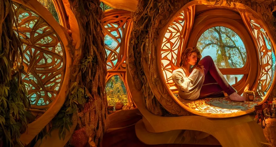 Image similar to An incredibly beautiful close-up shot from a 2022 fantasy film featuring a character sitting in a cozy art nouveau reading nook inside a fantasy treehouse. Golden Hour. 8K UHD.