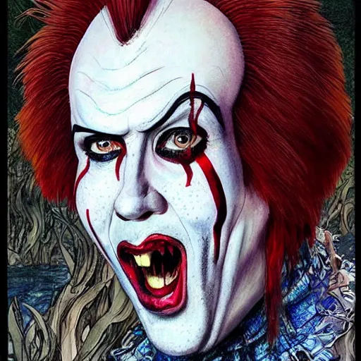 Image similar to Nicolas Cage as Pennywise from IT portrait painted in Frank frazzeta style drawn by Vania Zouravliov and Takato Yamamoto, inspired by Fables, intricate acrylic gouache painting, high detail, sharp high detail, manga and anime 2000