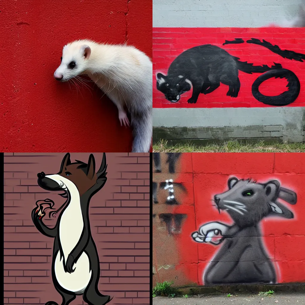 Prompt: [ ( ( red ) ( black ) ( furry fandom ) ( fursona ) ( weasel * ferret * stoat ) ) ] = [ ( smoke * backing ) ] [ ( wall + graffiti ) ]