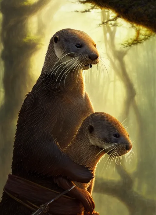 Image similar to a film still portrait of a otter warrior, finely detailed features, cinematic lighting, perfect art, brian jacques redwall woodland, forest, intricate, artstation, trending on pixiv fanbox, painted by brian jacques greg rutkowski, studio ghibli, 4 k