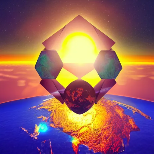 Image similar to hexagon floating above planet earth in front of the sun, trending on art station, retro futurism, photo realistic, perspective