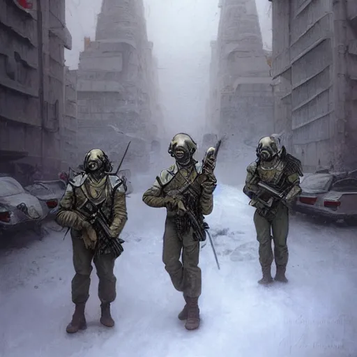 Image similar to portrait of futuristic soldiers squad on the art deco streets of the undying empire city of ya - sattra during the festival of masks, snow, winter, award - winning realistic sci - fi concept art by beksinski, bruegel, greg rutkowski, alphonse mucha, and yoshitaka amano