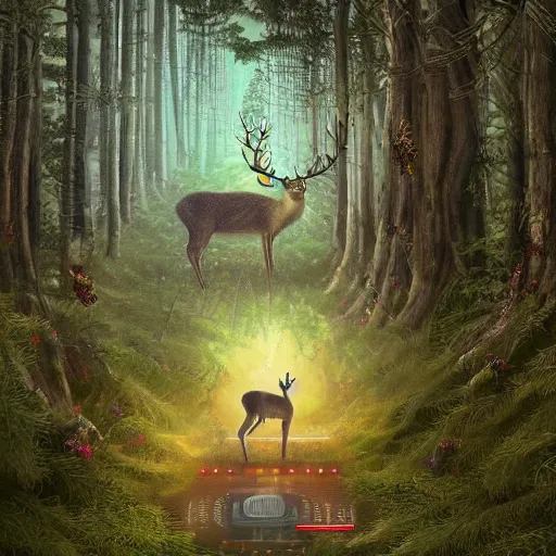 Image similar to a cybernetic ecology. joined back to nature, all watched over by machines of loving grace. a cybernetic forest filled with pines and electronics where deer stroll peacefully past computers as if they were flowers with spinning blossom oil on canvas, masterpiece, trending on artstation, featured on pixiv, cinematic composition, dramatic pose, beautiful lighting, sharp, details, hyper-detailed, HD, HDR, 4K, 8K