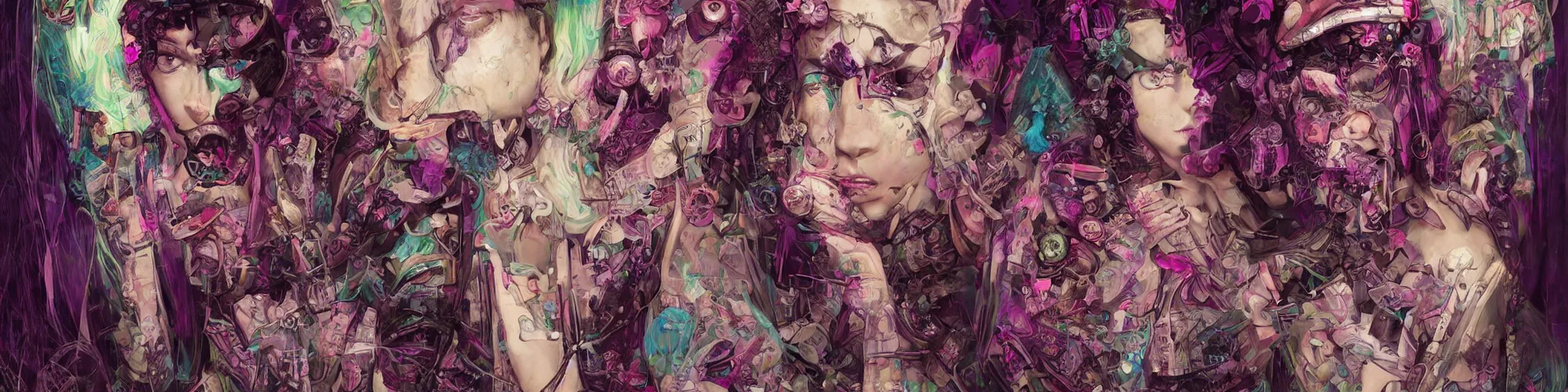 Prompt: alexa demie as a fae cyberpunk, orchid, portrait face, colorful, kupka, intricate, miles johnston, kuroda seiki, ozabu, godward, painterly, yoshitaka amano, moebius, miles johnston, louise zhang, james jean, mark ryden lowbrow pop surrealism art style