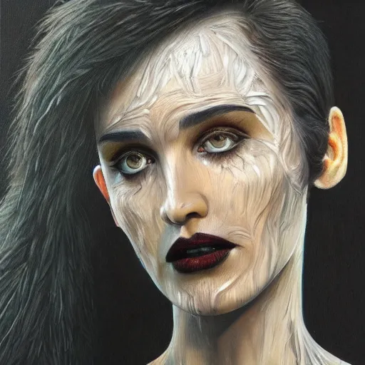 Image similar to detailed realistic oil painting youthful young alien jennifer connelly with black feathers instead of hair, dark fae, black eyes, black lips, uncanny valley, gray mottled skin, feathers growing out of skin, feathers growing from arms, black hands with long black claws, pale and sickly, profile view, full body, gothic, giger - - ar 9 : 1 6