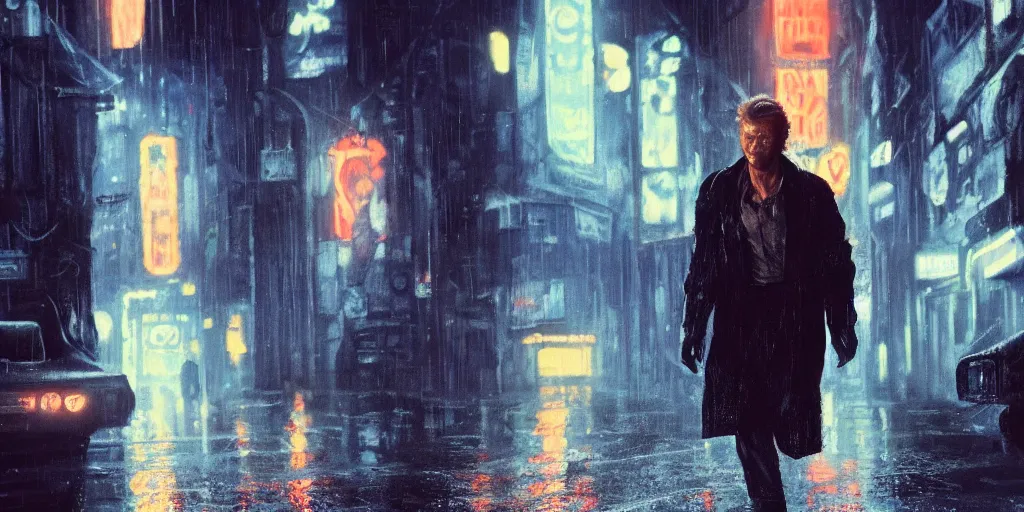 Prompt: painting of young middle age clint eastwood in blade runner movie by repin, posing on a neon rainy vague street in headlights matte painting, 8k resolution, concept art, detailed, photo realism, cgsociety, artstation, behance, amazing, wow, touching