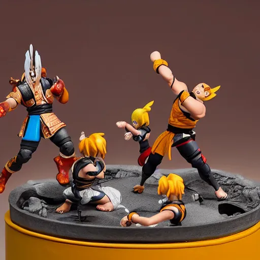 Image similar to photo of figma figures inside a diorama, depicting the cute chibi fighters of mortal kombat brutally fighting each other inside a shaolin temple above a spike - pit.