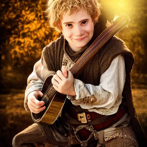 Image similar to realistic portrait of a halfling male, happy, bard, short hair, lute, intricate details, cinematic, photo, fantasy, medieval