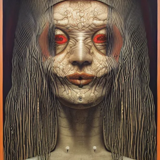 Image similar to monalisa by jacek yerka, alex gray, zdzisław beksiński, dariusz zawadzki, jeffrey smith and h.r. giger, oil on canvas, 8k highly professionally detailed, trending on artstation