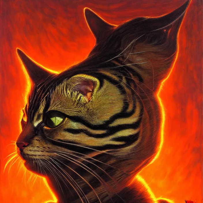 Image similar to cinematic bust portrait of psychedelic cat from left,, donato giancola, larry elmore, oil on canvas, masterpiece, trending on artstation, featured on pixiv, cinematic composition, dramatic pose, beautiful lighting, sharp, details, hyper - detailed, hd, hdr, 4 k, 8 k