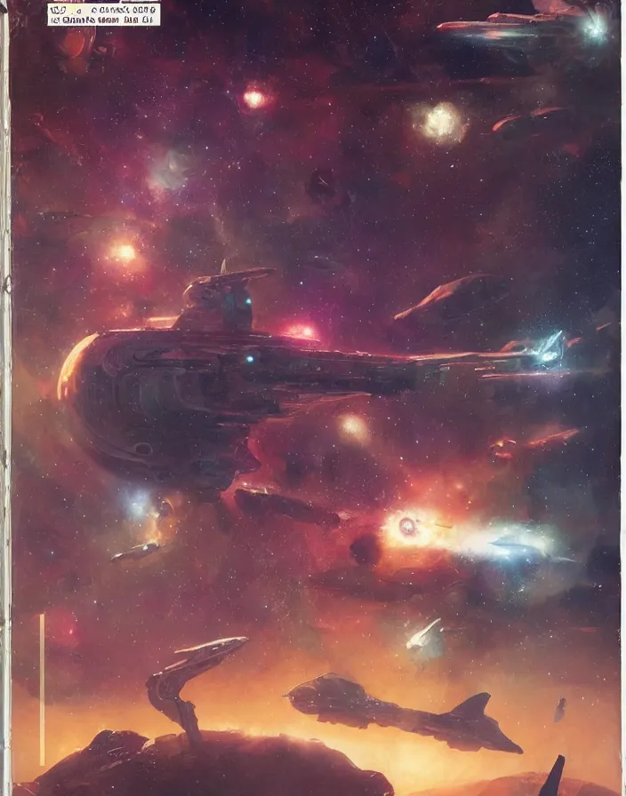 Image similar to vintage sci - fi cover magazine by moebius and greg rutkowski, giant spaceship, nebulae, starry sky