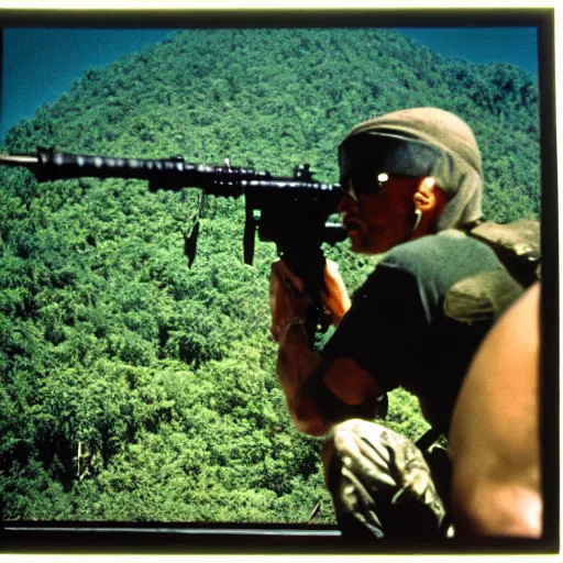 Prompt: film still, extreme far view, walter!! white!!, jungle, vietnam door gunner, apocalypse now, associated press,, 2 6 mm, kodak ektachrome, blue tint expired film