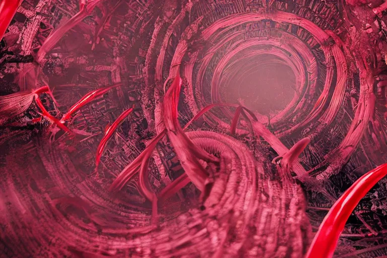 Image similar to a throne of blood red spirals, horror, sci-fi, cinematic, 8k