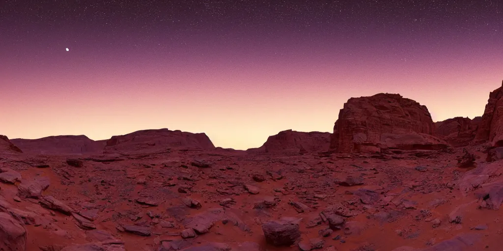 Image similar to a view looking out of a cave of a dried up river bend running through a canyon surrounded by desert mountains at sunset on mars, purple sky, two moons, planet mars, moab, utah, a tilt shift photo by frederic church, trending on unsplash, hudson river school, photo taken with provia, national geographic photo