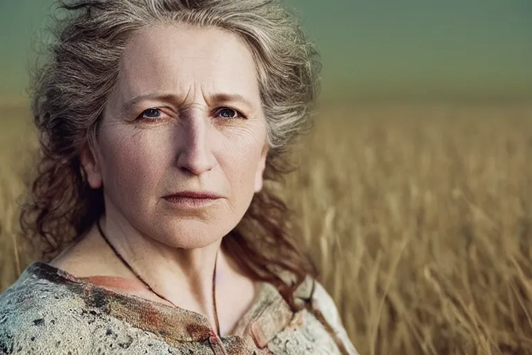 Image similar to a cinematic headshot portrait of a frozen middle aged woman stood in a field, field on fire, ultra realistic, depth, beautiful lighting, by annie leibovitz