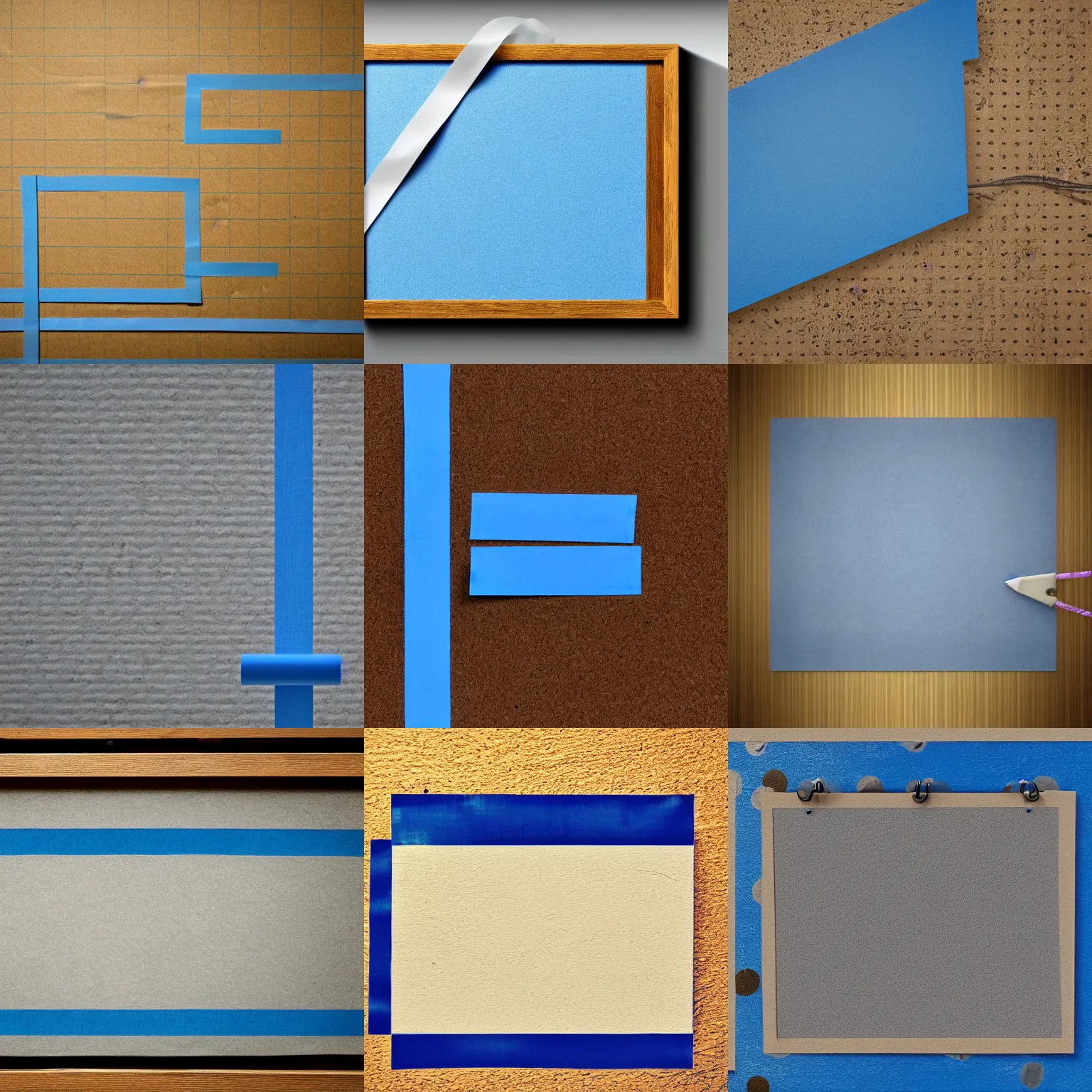Prompt: an empty corkboard with blue tape across it. photorealism, extreme detail, hd, desaturated, still life