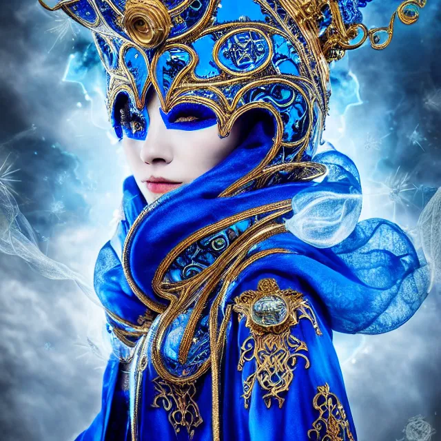 Image similar to beautiful!! elemental sky witch with intricate ornate blue and white robes and venetian mask and sky powers highly detailed 8 k hdr smooth sharp focus high resolution award - winning photo