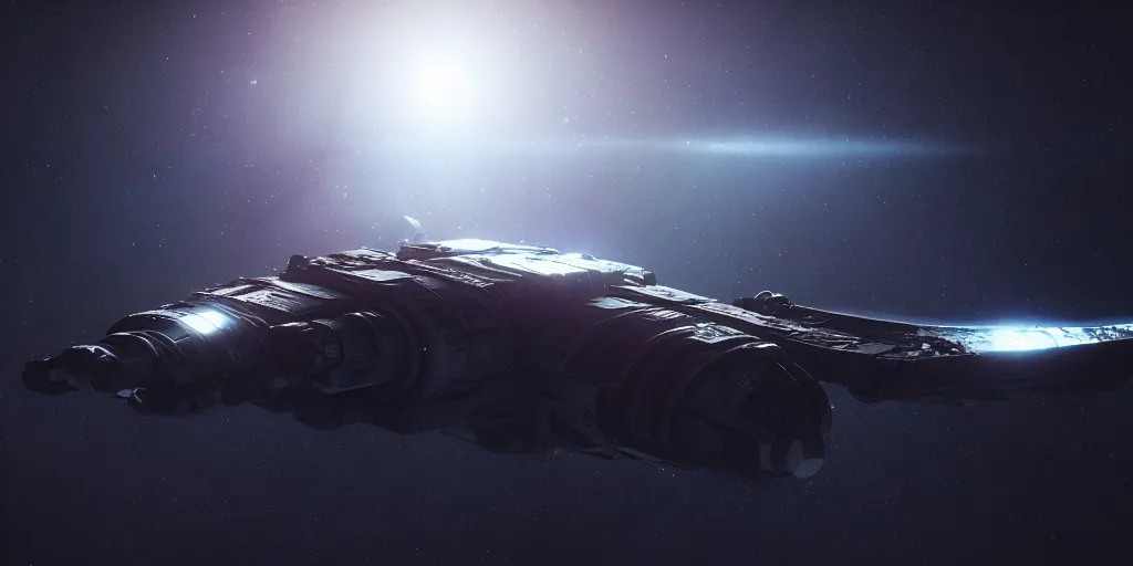 Prompt: photorealistic wide shot of USCSS Nostromo spaceship, in space, bokeh, Hubble photo background, inspired by Ridley Scott, Giger, , octane render, unreal engine 4k, volumetric lighting, mist, twilight, detailed