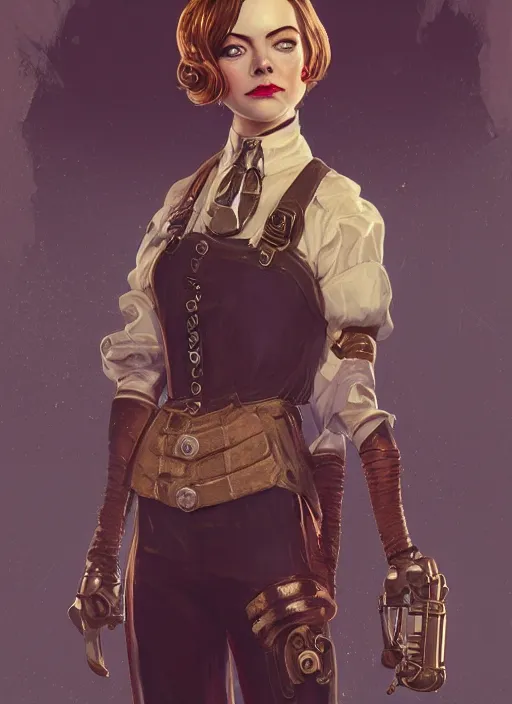 Image similar to Bioshock steampunk portrait of Emma Stone, au naturel, hyper detailed, digital art, trending in artstation, cinematic lighting, studio quality, smooth render, unreal engine 5 rendered, octane rendered, art style by klimt and nixeu and ian sprigger and wlop and krenz cushart