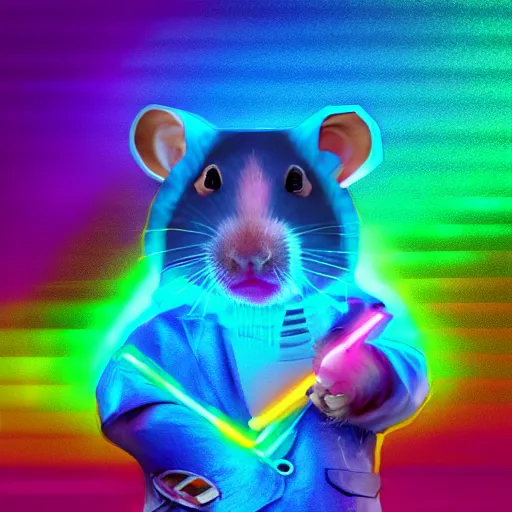 Image similar to cyberpunk hamster! holding rainbow! gem! crystal, neon lights, light reflection, 8 k, hd