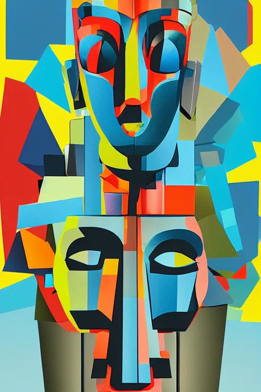 Image similar to cubist moai statue cutout digital illustration cartoon colorful beeple