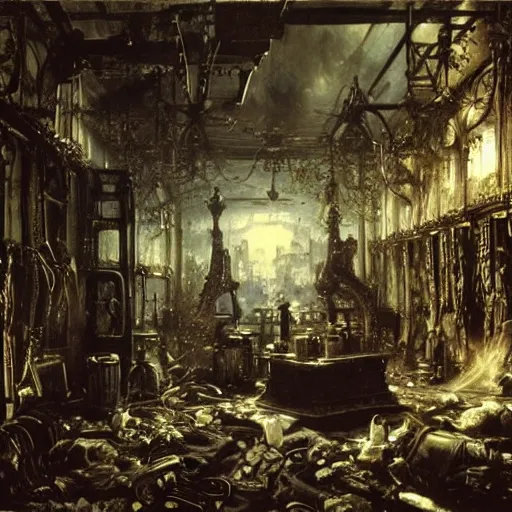 Image similar to scene from movie fightclub, painting hr giger interior, floral ornaments, light beams night, scene from fightclub movie, andreas achenbach