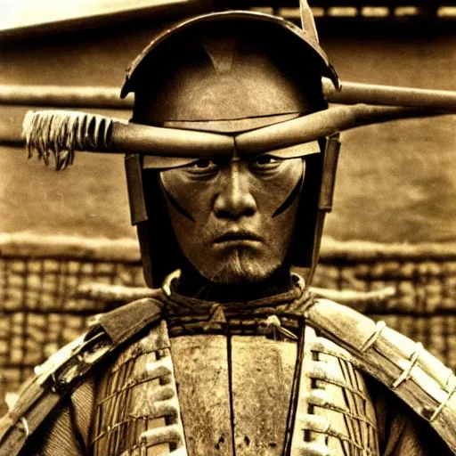 Prompt: A samurai wearing armor in a japanese village, shot by Akira Kurosawa, film still of Seven Samurai (1954)