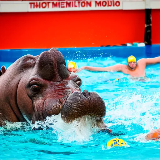 Image similar to hippopotamuses playing with humans, water polo. sports photograph.